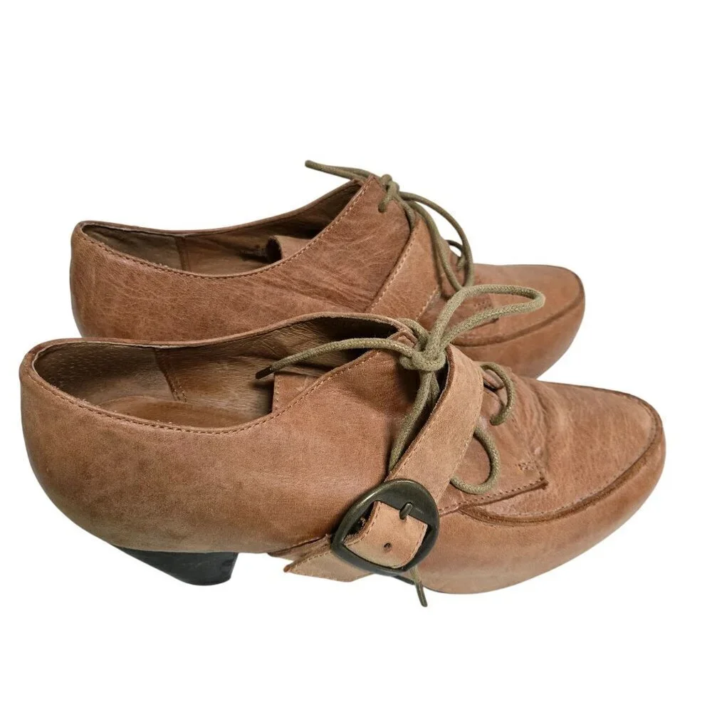 Miz Mooz Elvin Y2K Cognac Leather Lace Up Buckle Block Heel Shoe Size 7.5/8